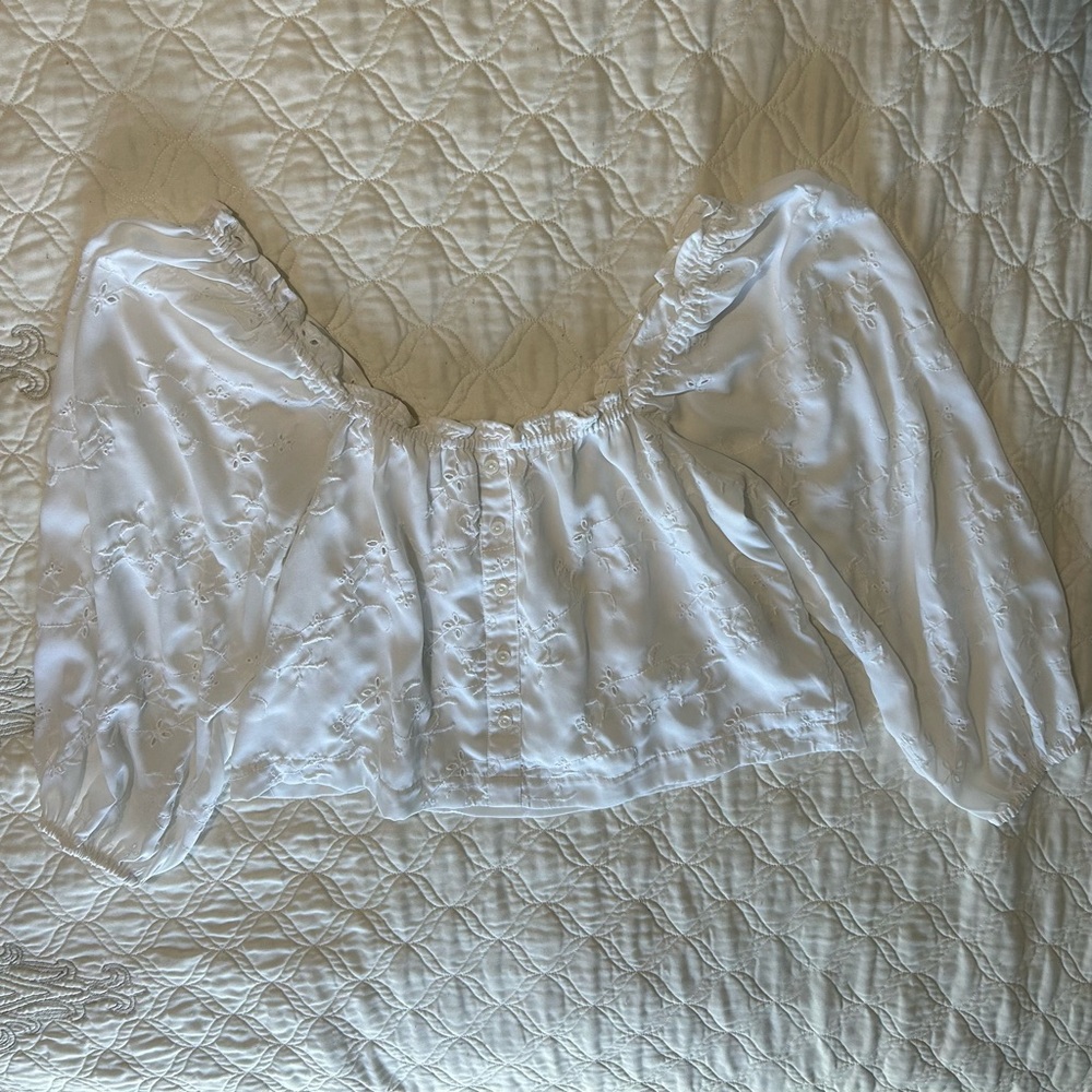 American Eagle Outfitters White Eyelet Lace Long Sleeve Blouse with Buttons